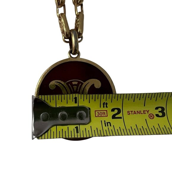 Celine Triomphe Logo Red Enamel Gold Tone Medallion Pendant w/Necklace - Picture 10 of 12